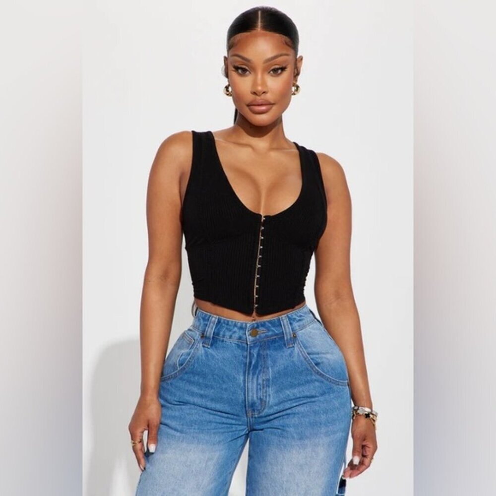 Fashion Nova Black Ribbed Hook-Front Crop Top